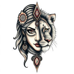 A stunning tattoo design featuring the half face of an Indian woman with intricate traditional details, such as jewelry and floral motifs, seamlessly blended with the half face of a majestic lioness