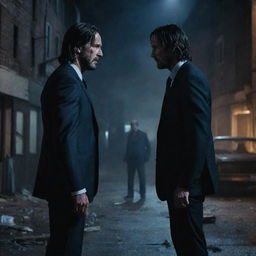 An intense face-off between John Wick and Rambo, both set in defensive stances, preparing for a dual, under a dimly lit night sky. The background envelops an abandoned street, shattered glass, and shadowy, derelict buildings.