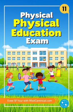 A vibrant and lively Physical Education exam cover design featuring a school in the background