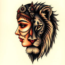 A stunning tattoo design featuring the half face of an Indian woman with intricate traditional details, such as jewelry and floral motifs, seamlessly blended with the half face of a majestic lioness