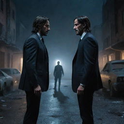 An intense face-off between John Wick and Rambo, both set in defensive stances, preparing for a dual, under a dimly lit night sky. The background envelops an abandoned street, shattered glass, and shadowy, derelict buildings.