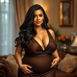 A sensual and confident brunette woman, embodying a curvy and voluptuous figure, portrayed as a mother-in-law