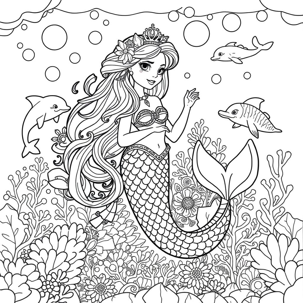 A whimsical coloring page featuring an enchanted mermaid princess