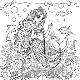 A whimsical coloring page featuring an enchanted mermaid princess