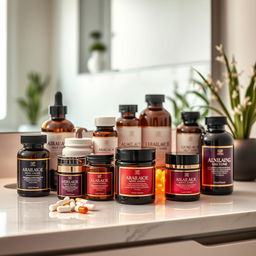 A visually appealing collection of anti-aging medications displayed on a sleek, modern vanity