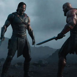 A cinematic face-off between John Wick, suited up and brandishing his signature firearm, and Kratos in his Spartan armor, wielding the Leviathan Axe and Blades of Chaos, in a dark, foreboding landscape.