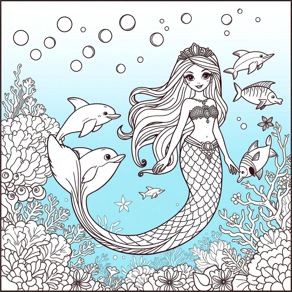 A whimsical coloring page featuring an enchanted mermaid princess