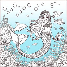 A whimsical coloring page featuring an enchanted mermaid princess