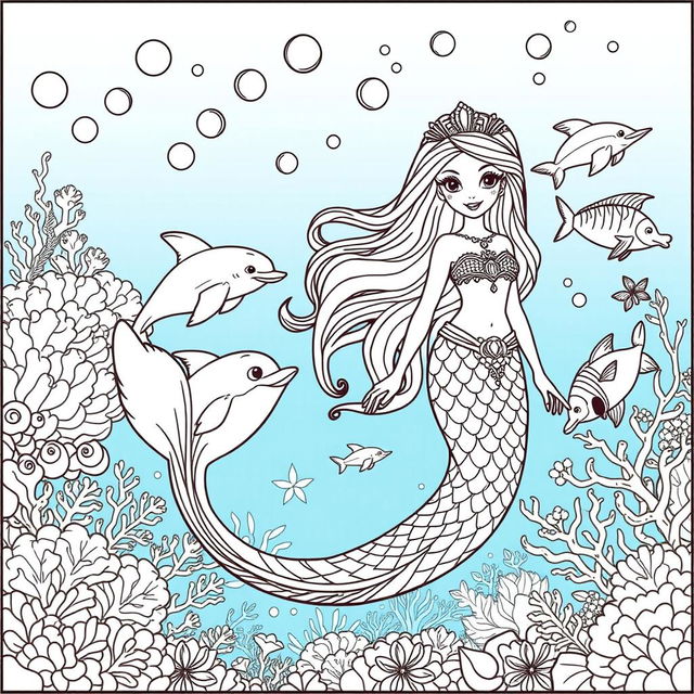 A whimsical coloring page featuring an enchanted mermaid princess