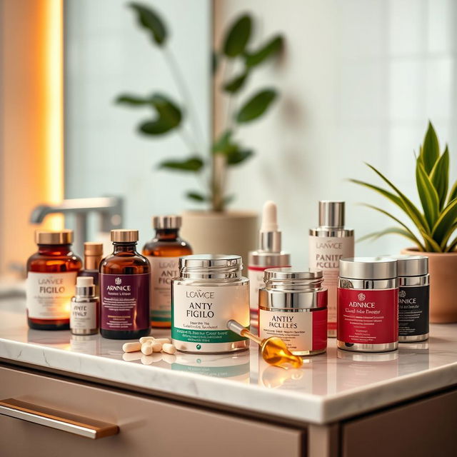 A visually appealing collection of anti-aging medications displayed on a sleek, modern vanity