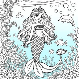 A whimsical coloring page featuring an enchanted mermaid princess