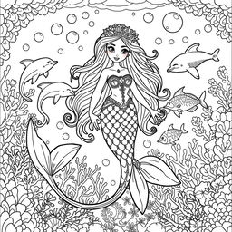 A whimsical coloring page featuring an enchanted mermaid princess