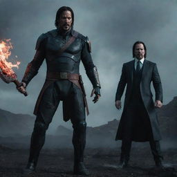 A cinematic face-off between John Wick, suited up and brandishing his signature firearm, and Kratos in his Spartan armor, wielding the Leviathan Axe and Blades of Chaos, in a dark, foreboding landscape.