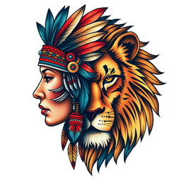 A captivating tattoo design featuring the half face of an indigenous woman adorned with a colorful feather headdress, intricately detailed with tribal patterns and vibrant colors, seamlessly merging into the half face of a powerful lioness