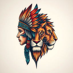 A captivating tattoo design featuring the half face of an indigenous woman adorned with a colorful feather headdress, intricately detailed with tribal patterns and vibrant colors, seamlessly merging into the half face of a powerful lioness