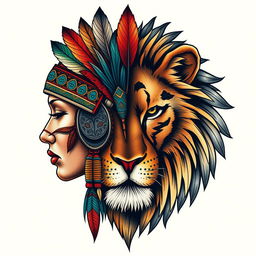 A captivating tattoo design featuring the half face of an indigenous woman adorned with a colorful feather headdress, intricately detailed with tribal patterns and vibrant colors, seamlessly merging into the half face of a powerful lioness