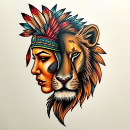 A captivating tattoo design featuring the half face of an indigenous woman adorned with a colorful feather headdress, intricately detailed with tribal patterns and vibrant colors, seamlessly merging into the half face of a powerful lioness