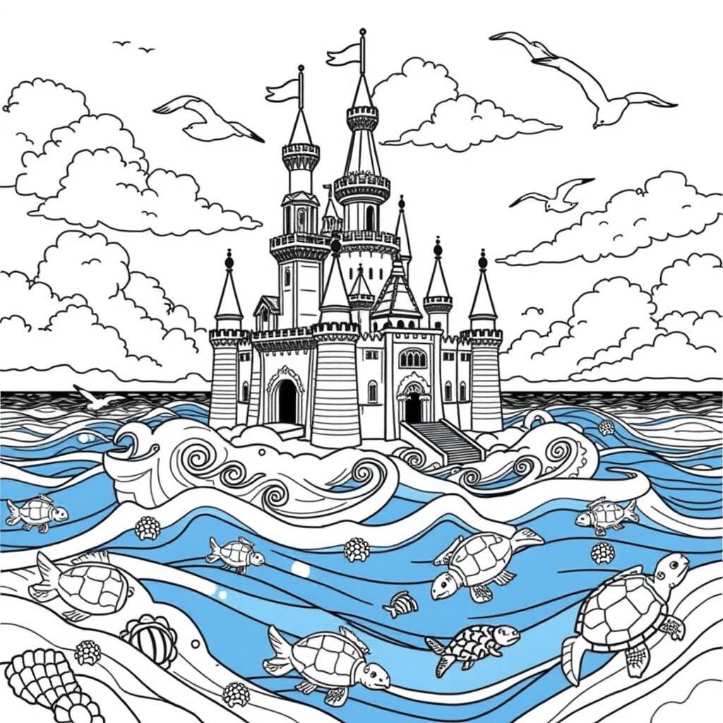 A captivating coloring page featuring a grand castle floating on the ocean