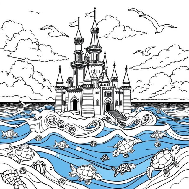 A captivating coloring page featuring a grand castle floating on the ocean