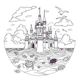 A captivating coloring page featuring a grand castle floating on the ocean