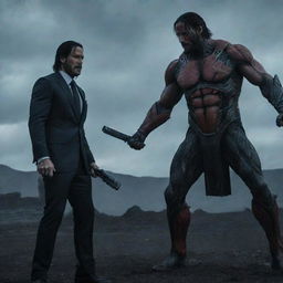 A cinematic face-off between John Wick, suited up and brandishing his signature firearm, and Kratos in his Spartan armor, wielding the Leviathan Axe and Blades of Chaos, in a dark, foreboding landscape.