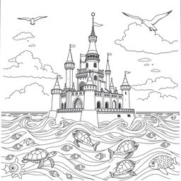 A captivating coloring page featuring a grand castle floating on the ocean