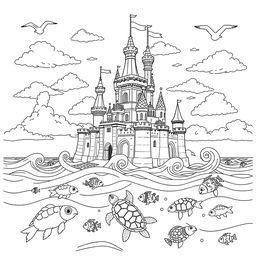 A captivating coloring page featuring a grand castle floating on the ocean