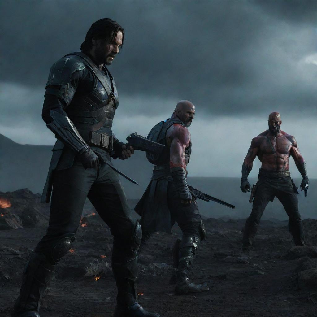 A cinematic face-off between John Wick, suited up and brandishing his signature firearm, and Kratos in his Spartan armor, wielding the Leviathan Axe and Blades of Chaos, in a dark, foreboding landscape.