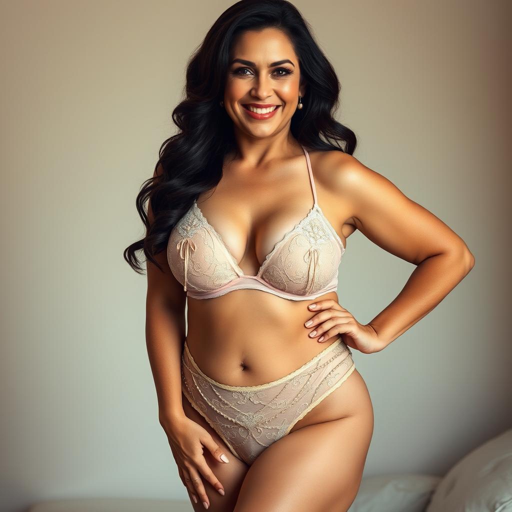 A sensual older brunette woman with a fuller figure, confidently posing in elegant, stylish underwear that highlights her curves