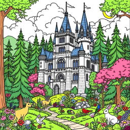 A beautiful coloring page featuring a majestic castle nestled within a lush, green forest