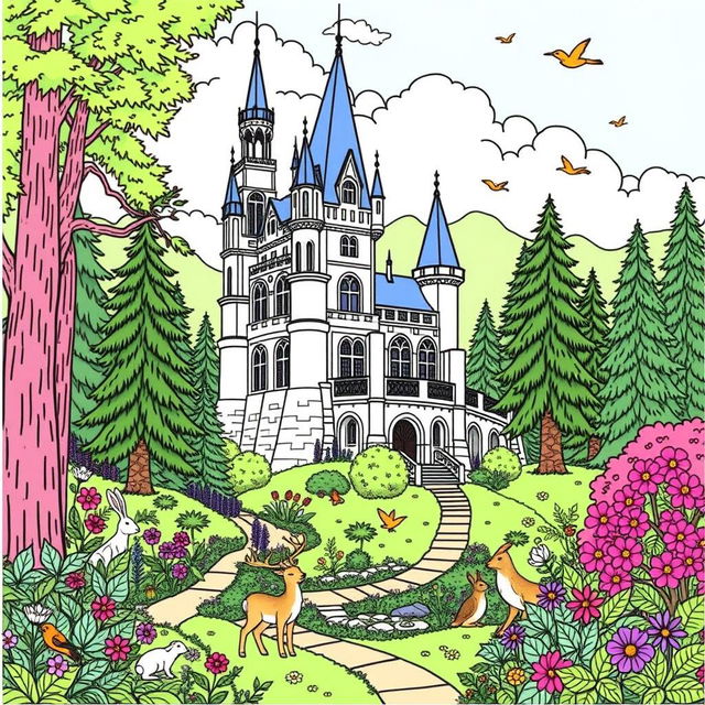 A beautiful coloring page featuring a majestic castle nestled within a lush, green forest