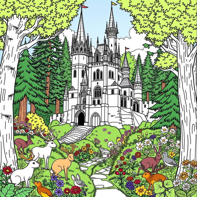 A beautiful coloring page featuring a majestic castle nestled within a lush, green forest