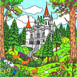 A beautiful coloring page featuring a majestic castle nestled within a lush, green forest