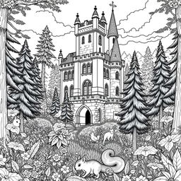 A detailed coloring page featuring a majestic castle set in a lush forest