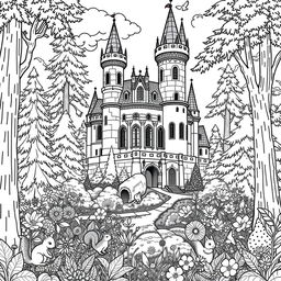 A detailed coloring page featuring a majestic castle set in a lush forest