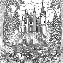 A detailed coloring page featuring a majestic castle set in a lush forest