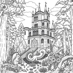 A detailed coloring page featuring a majestic castle set in a lush forest