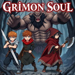 Dark anime cover for a fantasy titled 'Grimon Soul', featuring three angry and beaten 16-year-old boys