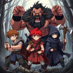 Dark anime cover for a fantasy titled 'Grimon Soul', featuring three angry and beaten 16-year-old boys