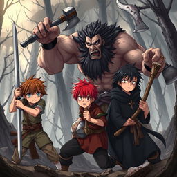 Dark anime cover for a fantasy titled 'Grimon Soul', featuring three angry and beaten 16-year-old boys