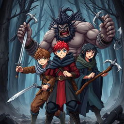 Dark anime cover for a fantasy titled 'Grimon Soul', featuring three angry and beaten 16-year-old boys