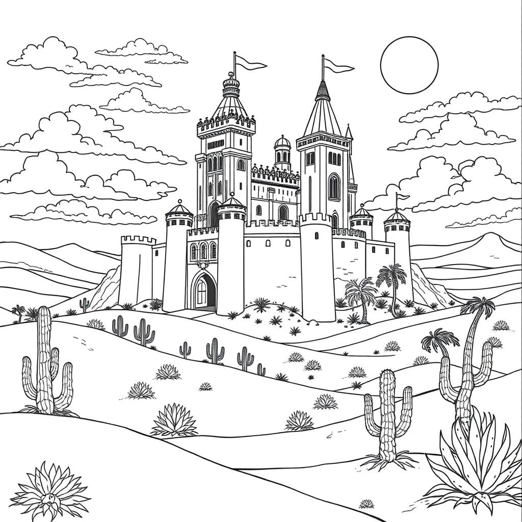 A detailed coloring page depicting a majestic castle in the heart of a vast desert