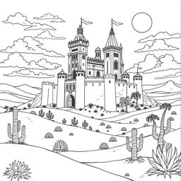 A detailed coloring page depicting a majestic castle in the heart of a vast desert