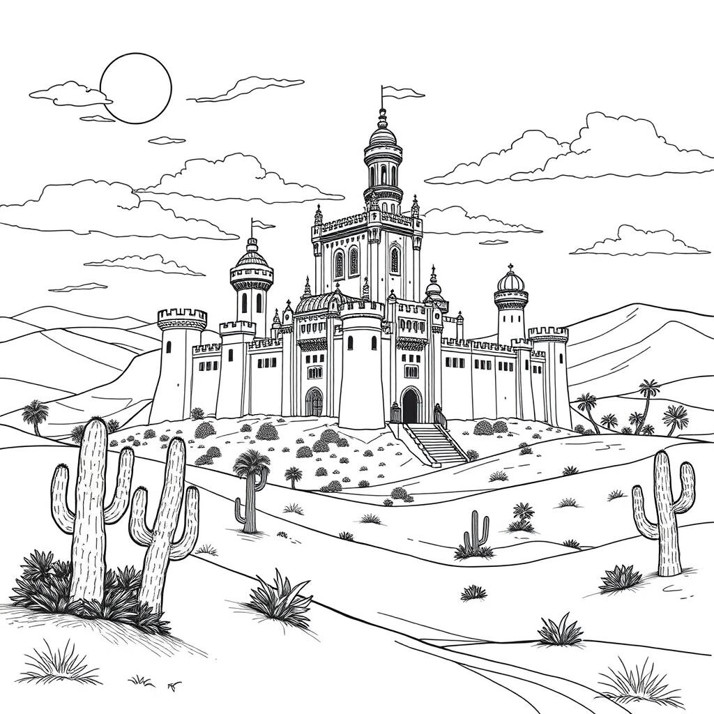 A detailed coloring page depicting a majestic castle in the heart of a vast desert