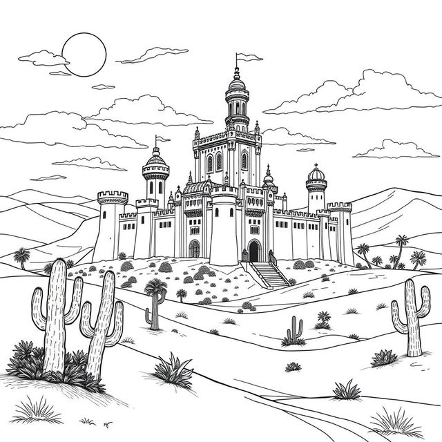 A detailed coloring page depicting a majestic castle in the heart of a vast desert