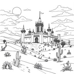 A detailed coloring page depicting a majestic castle in the heart of a vast desert