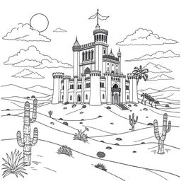 A detailed coloring page depicting a majestic castle in the heart of a vast desert