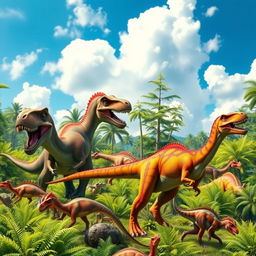 A group of colorful dinosaurs roaming a lush prehistoric landscape, vibrant green ferns surrounding them, with a bright blue sky and fluffy white clouds overhead