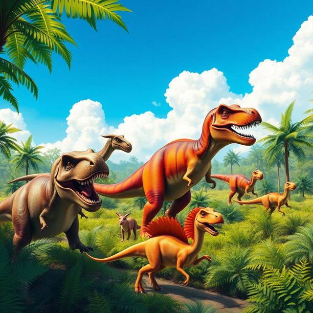 A group of colorful dinosaurs roaming a lush prehistoric landscape, vibrant green ferns surrounding them, with a bright blue sky and fluffy white clouds overhead