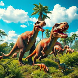 A group of colorful dinosaurs roaming a lush prehistoric landscape, vibrant green ferns surrounding them, with a bright blue sky and fluffy white clouds overhead